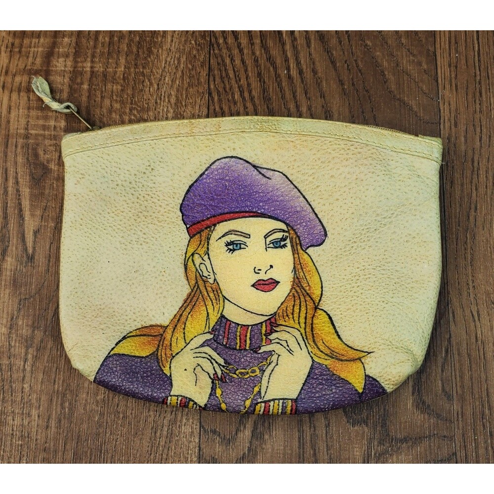 Emily Ann of Boca Raton Leather Cosmetic Bag Pouch Hand Painted Woman purse